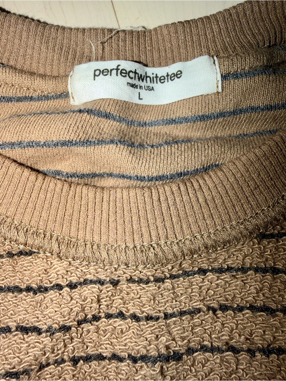 perfectwhitetee Tan Crewneck Sweatshirt with blue Stripes - Picture 2 of 3